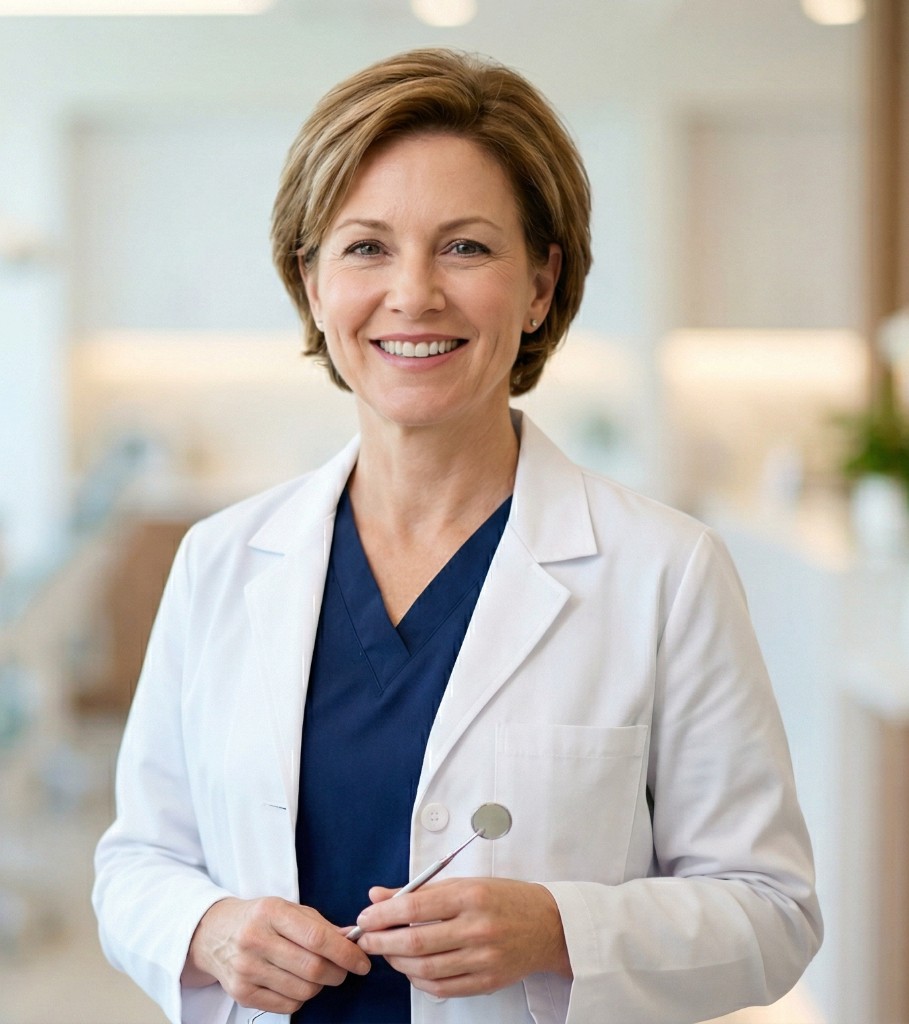 Professional female dentist smiling and holding a dental mirror in a modern dental clinic.